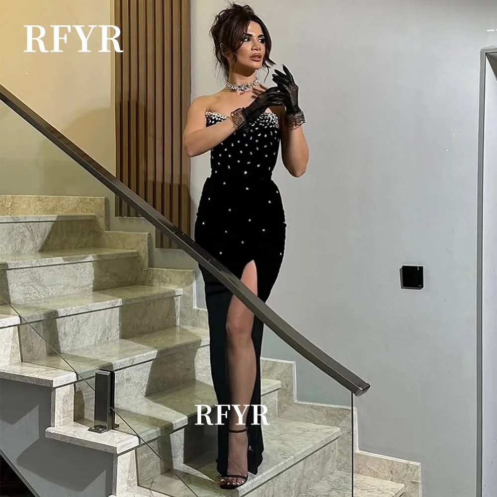 

RFYR Mermaid Prom Dresses Beaded Evening Dress Crepe Side Slit Crystals Party Dresses for Arabic Women vestidos Customized