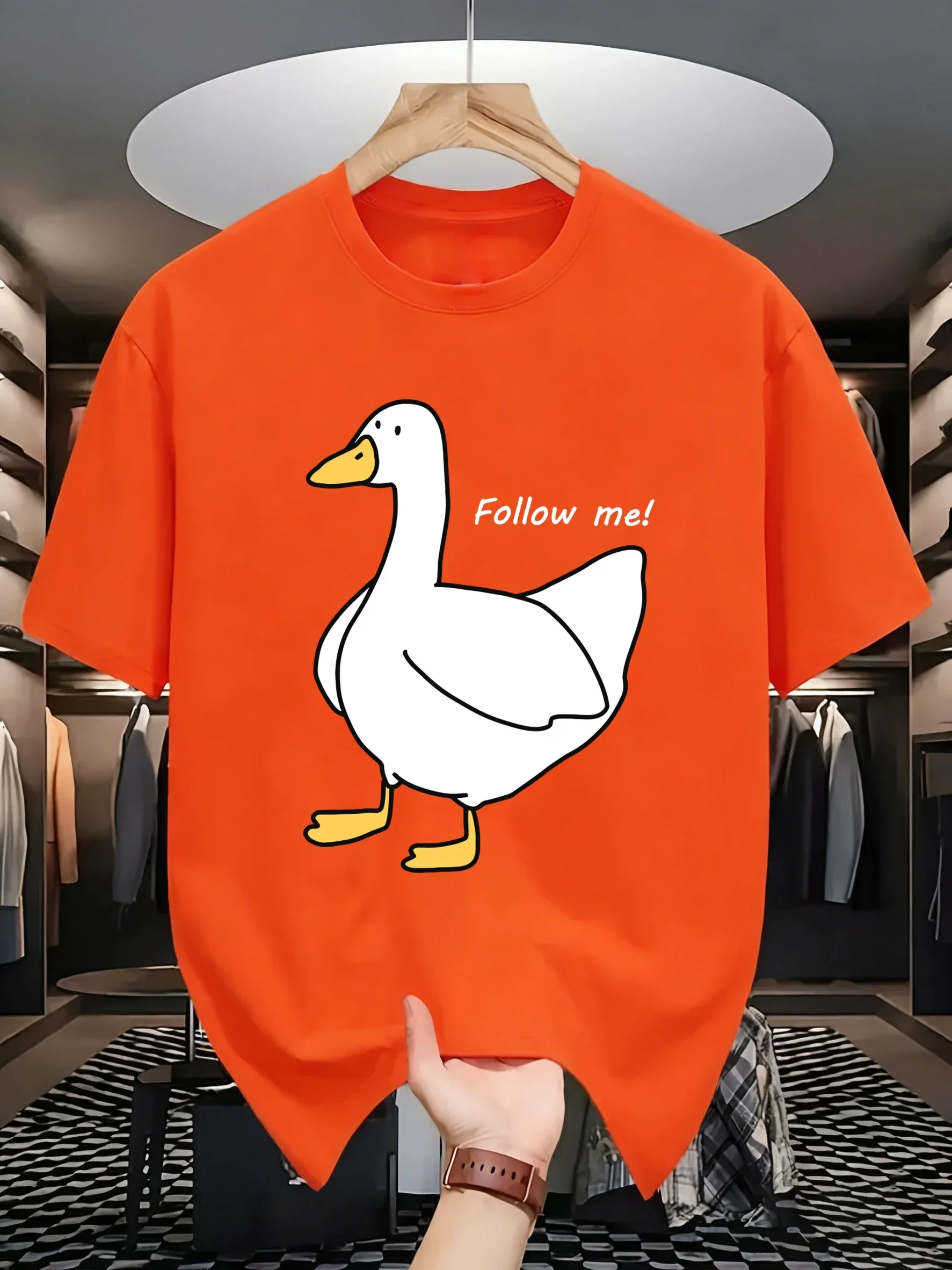 Follow The Goose Print Man S-3Xl Loose Thin T Shirt All-Match Cotton T-Shirt Summer Crewneck Clothes Oversize Comfy Streetwear