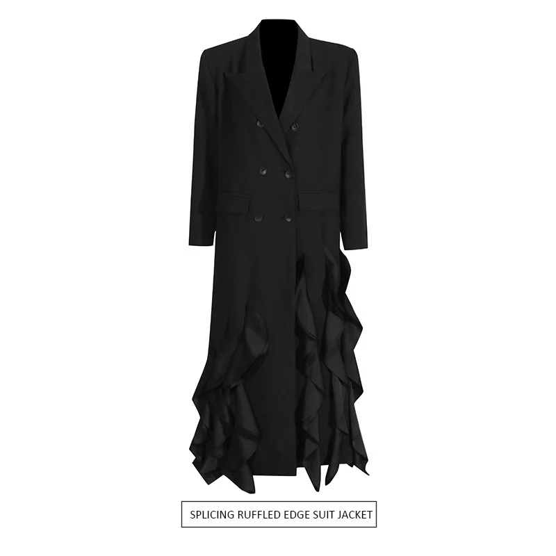 

European and American temperament high-end trench coat 2025 autumn new niche splicing ruffle edge design long suit women