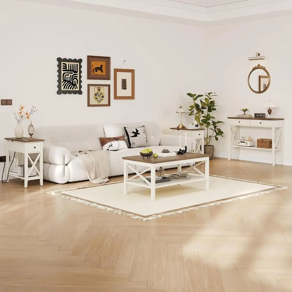 طاولة قهوة خشبية ريفية بأرجل سميكة وتخزين لغرفة المعيشة #6