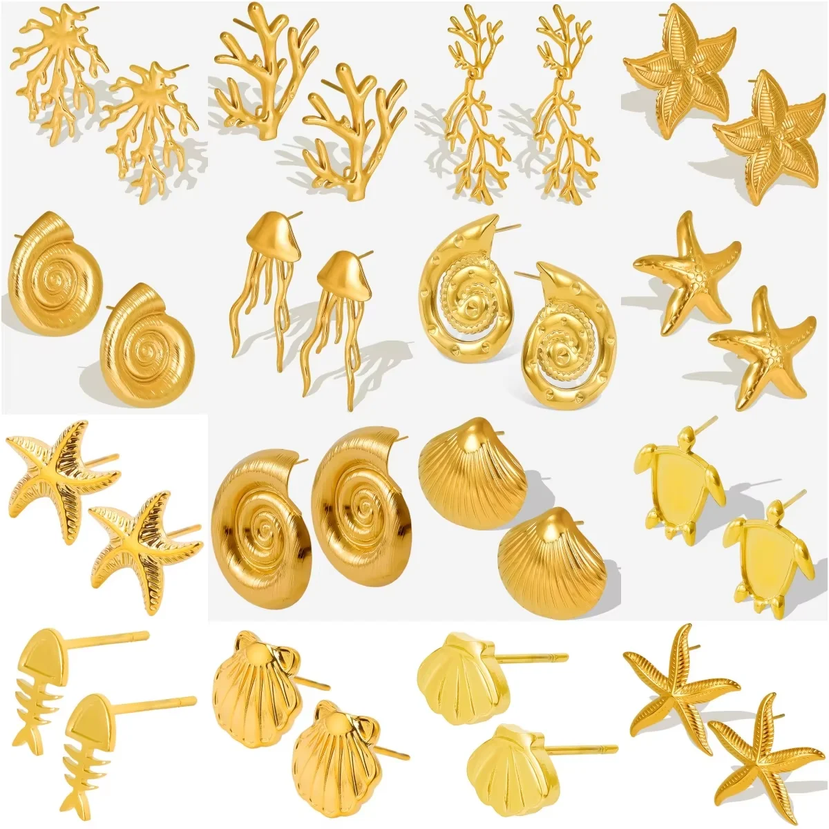 Image of 4 stücke niedlichen Quallen Ohr stecker für Frauen Gold Farbe Edelstahl Meer Muschel Muschel Fisch Knochen Koralle Ohrringe Party Geschenk