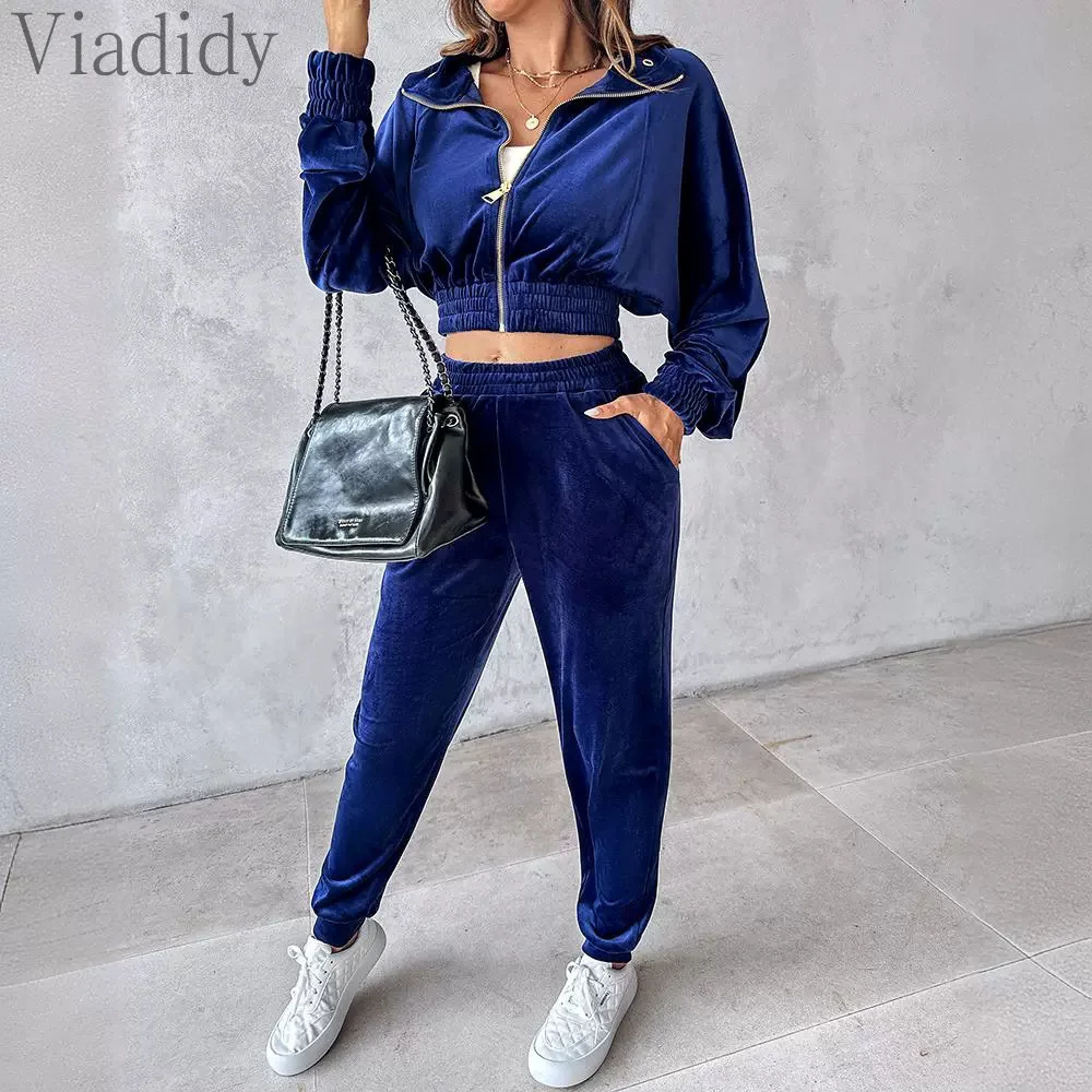 Women Casual Solid Color Zipper Front Turn Down Collar Velvet Top and High Waist Pants 2pcs Set