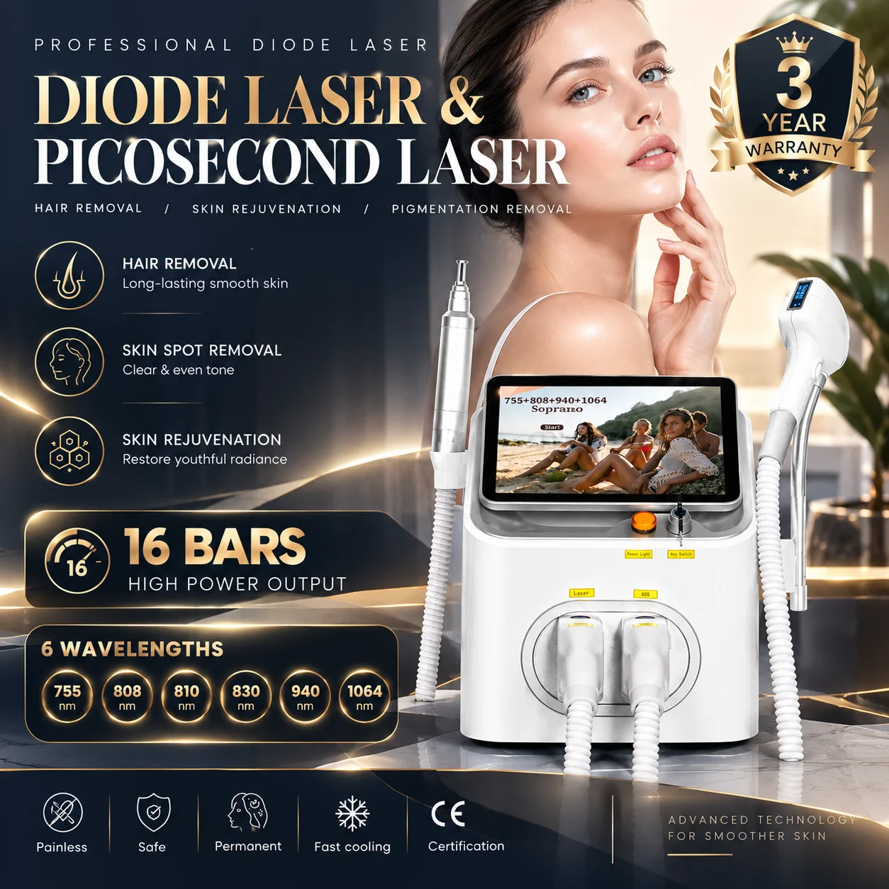 6000W Soprano 2 in 1 808+ Picosecond Diode Laser Hair Removal Device Picosecond Tattoo Removal Permanent Hair Removal 16 Bars