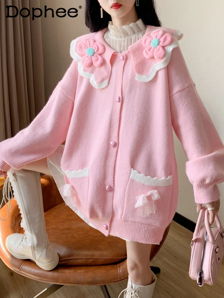 

Korean Style loose Doll Collar Knitted Cardigan for Female Students Spring Autumn New Solid Color Long Sleeve Sweater Coat Women