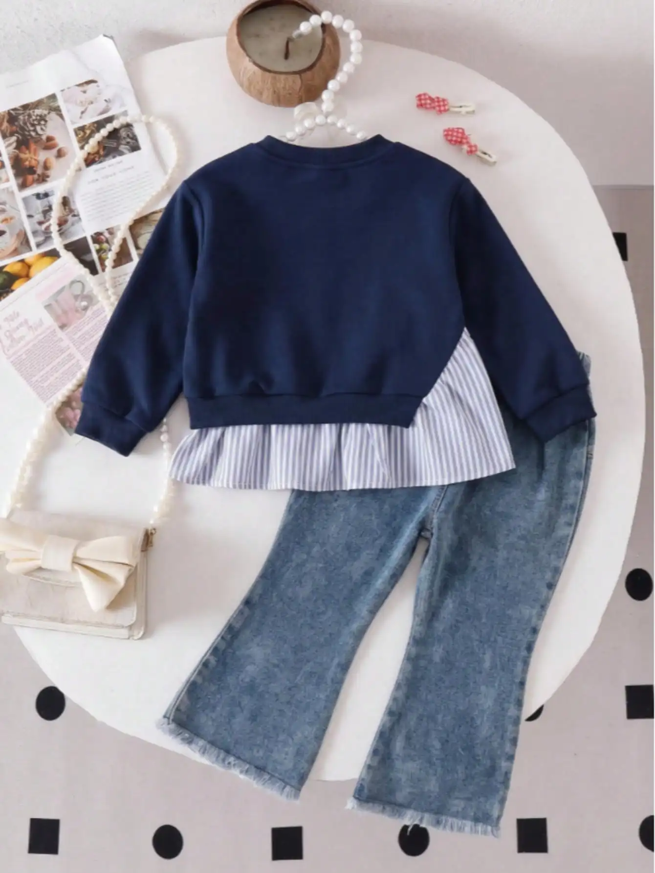 Sweet Fall Baby Girl Navy Spliced Ruffle Hem Top Denim Matching Set