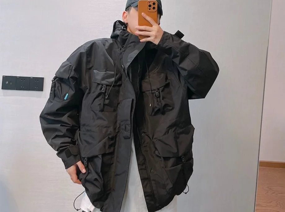 Autumn Winter Retro  Multi-pocket Waterproof Jacket American Tooling Windproof Hooded Jackets Male Clothes