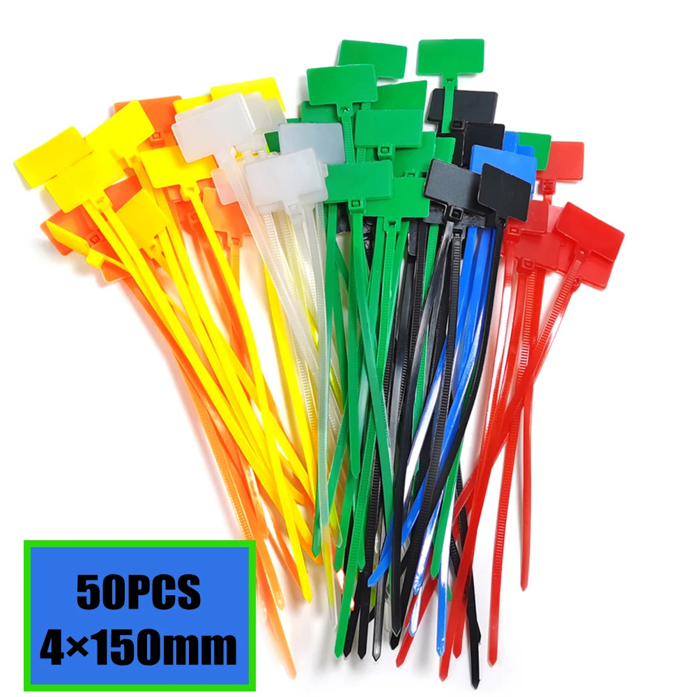 50pcs Easy Mark 4*150mm Nylon Cable Ties Tag Labels Plastic Loop Ties Markers Cable Tag Self-Locking Zip Ties