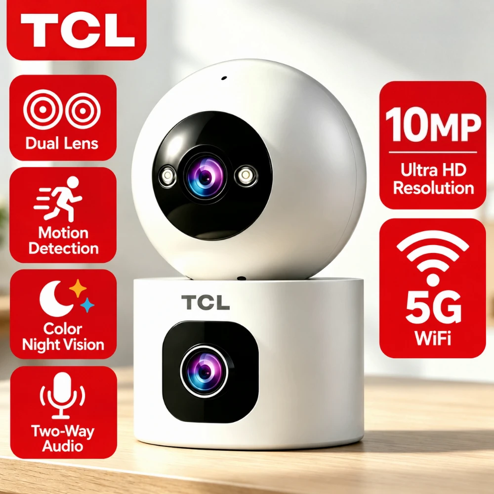 TCL 10MP Surveillance Camera 5G WiFi Home Indoor Dual Lens IP Camera 360° Panoramic HD Night Vision AI Tracking Two-way Dialogue
