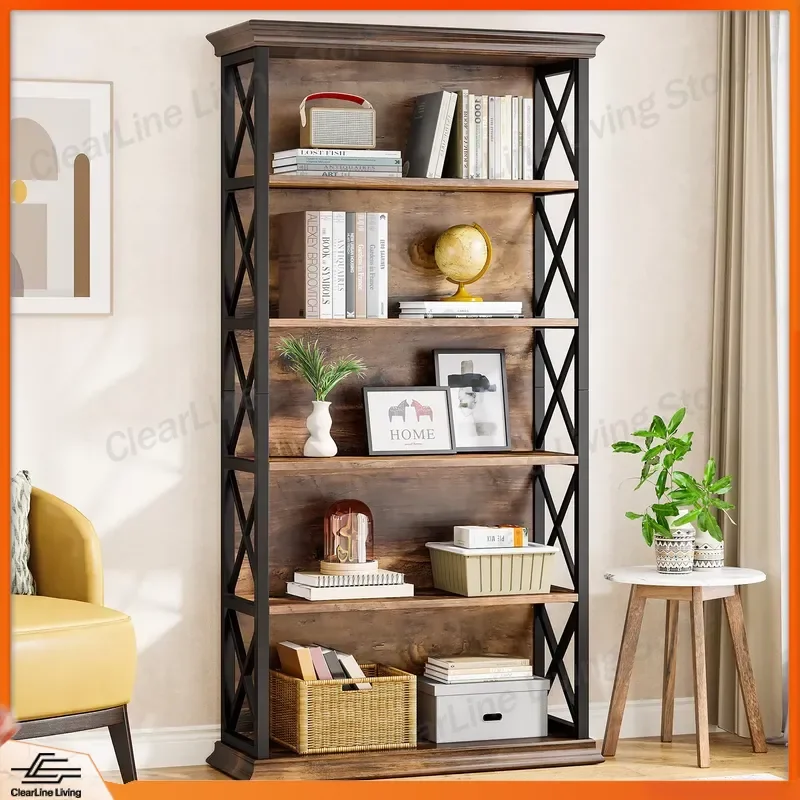 71 Inch Tall Bookcase 5 Tier Industrial Metal Bookshelf Large Free Standing Display Shelves Storage Rack for Living Room