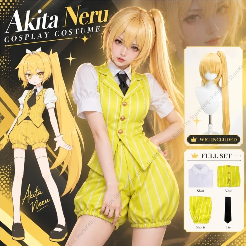 Akita Cosplay Costume Neru Mesmerizer Hypnotist Yellow Striped Vest Shorts Shirt Tie Halloween Anime Role Play Outfit