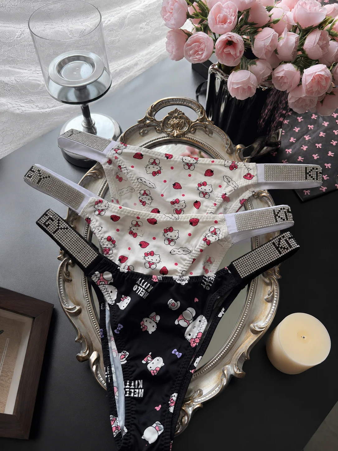 Sanrio HelloKitty Rhinestone BlingBling Strap Low Rise Sexy Triangle Panties Summer Thin Breathable Cotton Hot Girl Intimate Wea - view 3