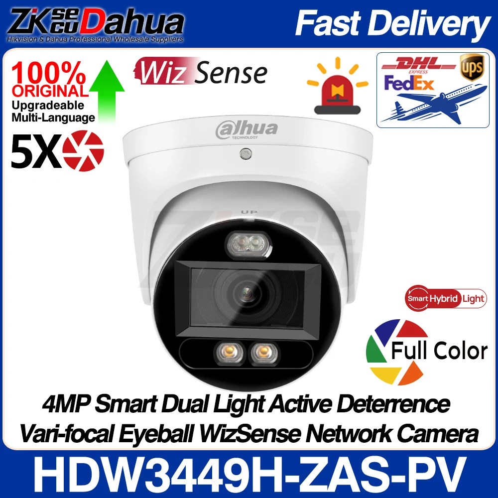 

Dahua IPC-HDW3449H-ZAS-PV 4MP Smart Dual Light Active Deterrence 5X Zoom WizSense Network POE IP Camera Full Color SMD 4.0 Audio