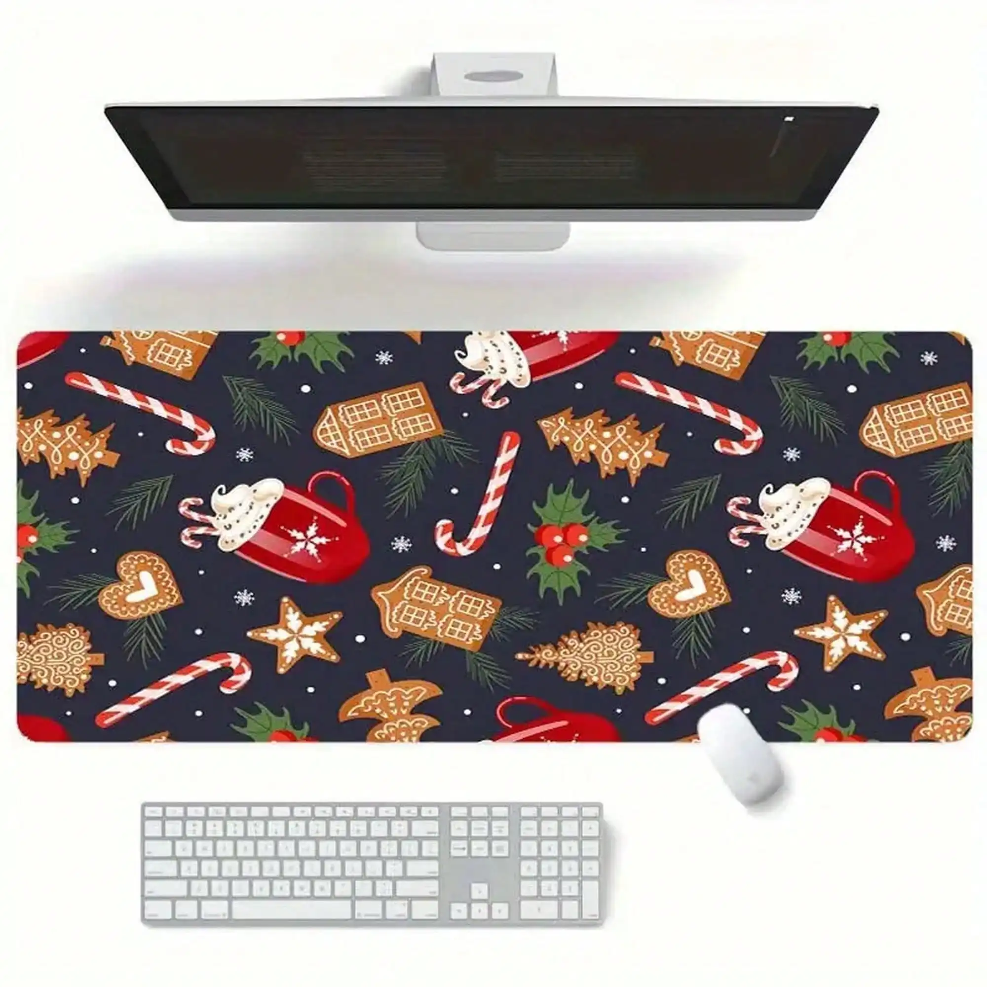 Extra Large Christmas Gaming Mouse Pad & Desk Mat - Holiday Design, Featuring Gingerbread, Candy Cane, And Snowflake Patterns. Features A Non-Slip, Washable