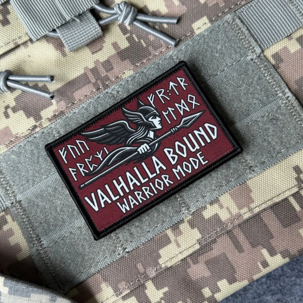 Viking Valhalla Bound Morale Printed Patch Valkyrie Warrior Mode Hook&Loop Badge Tactical Norse Rune Emblem for Clothes Backpack