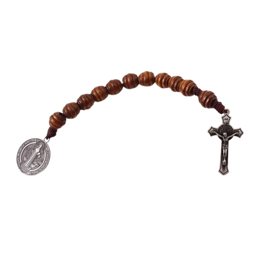 Vintage Saint Benedict Medal Prayer Alloy Wooden Prayer Beads Blessing Handmade Saint Benedict Rosary Prayerful Catholic