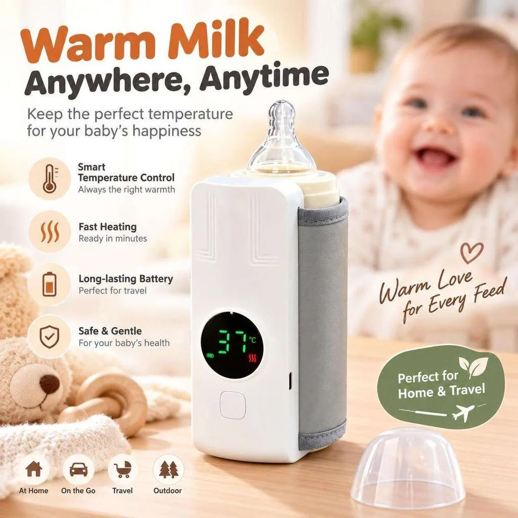 Scaldabiberon USB Portatile Senza Fili, Copertura Riscaldante per Biberon con 6 Livelli di Temperatura, Rotazione a 360° ° Scaldabiberon Rotondo, Display Digitale, Luce Notturna