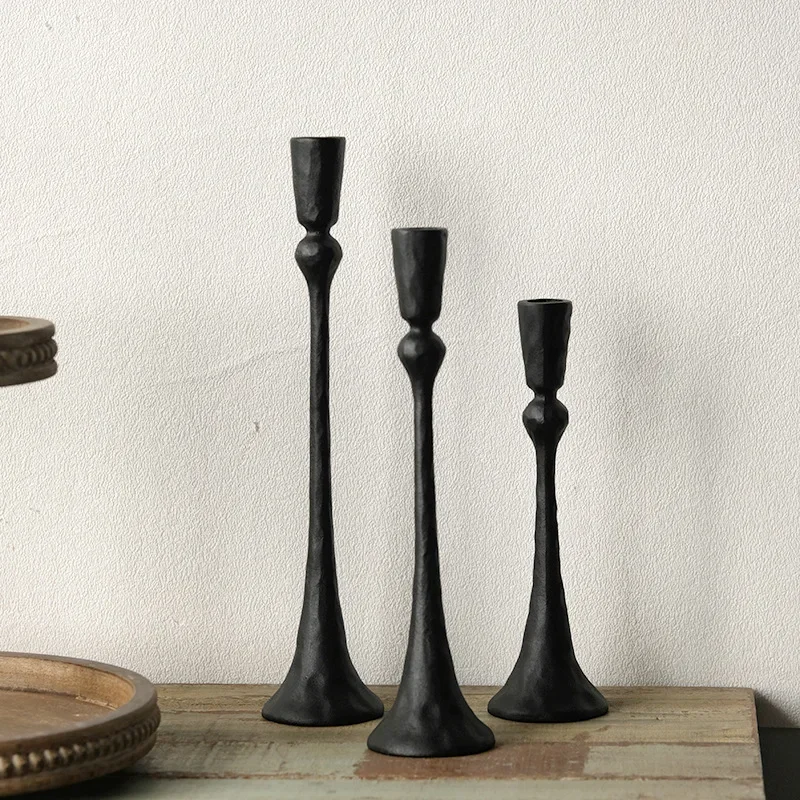Hammered Taper Candle Holder Set of 3 Vintage Gold Black Metal Candlestick Holders for Table Centerpiece Wedding Decor Gift
