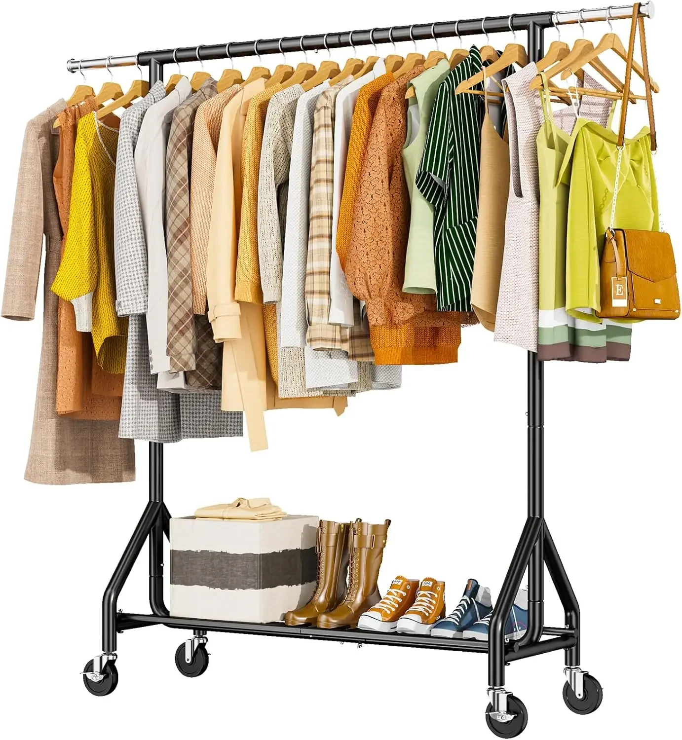 Duty Clothes Rack Load 450 LBS, Metal Garment Rack, Standing Rolling Clothing Rack for Hanging Clothes with Sturdy Wheels & Shel