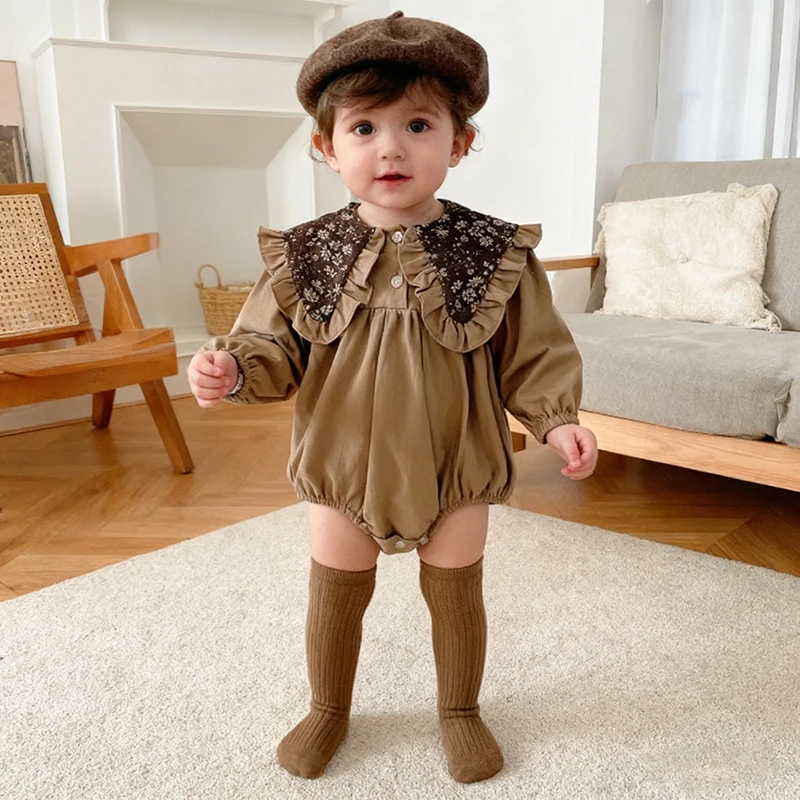 2026 neue Frühjahr Kinder Baby Mädchen Baumwolle Overall Lange Ärmeln Retro Revers Body Neugeborenen Baby Mädchen Prinzessin 0-24 M braun Kleidung