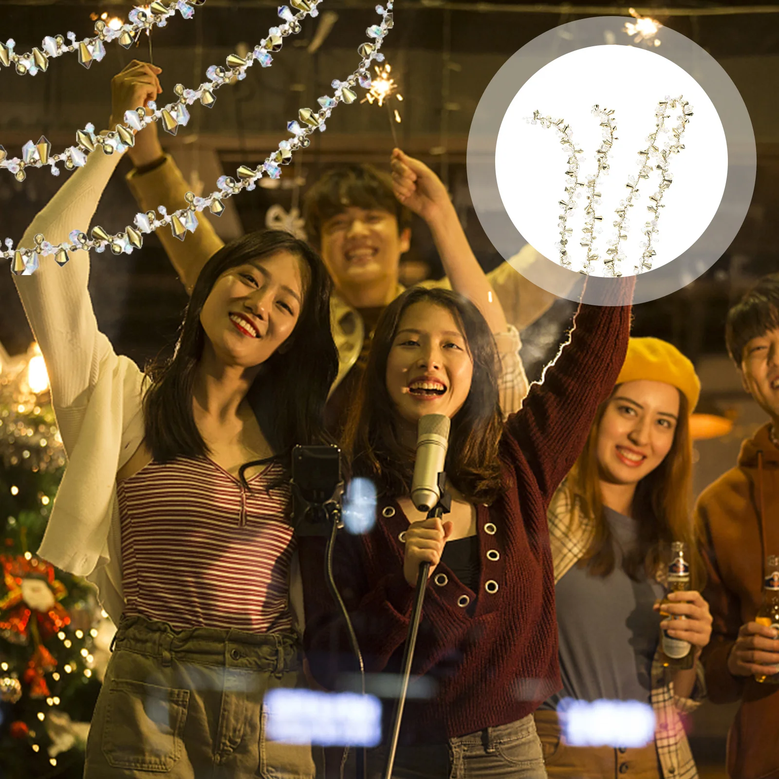 

2Pcs Plastic Bead Garland Crystal Tree Decor Beaded Christmas String Diamond Shape Pendant for Xmas Party Decor