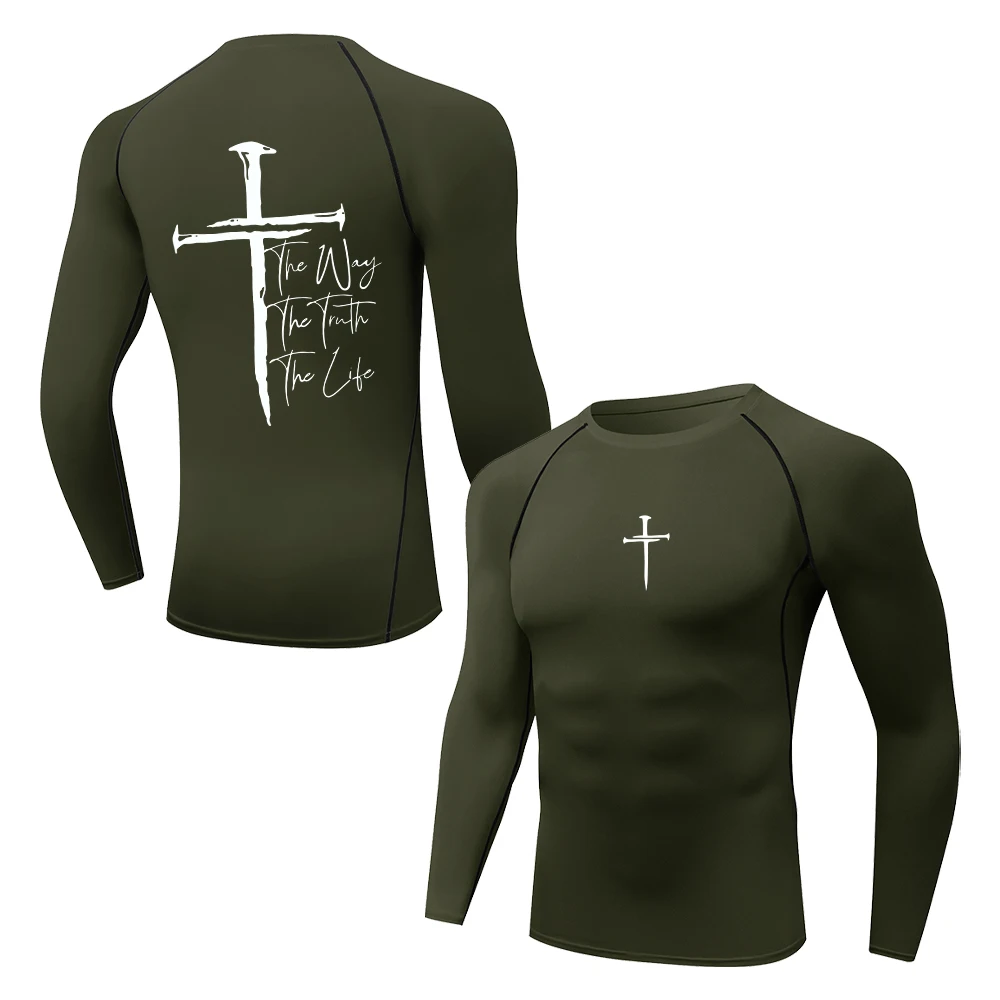 Men's Compression T-Shirt With Cross Print High Elasticity Breathable Long Sleeve Outdoor Fitness And Cycling Training Top