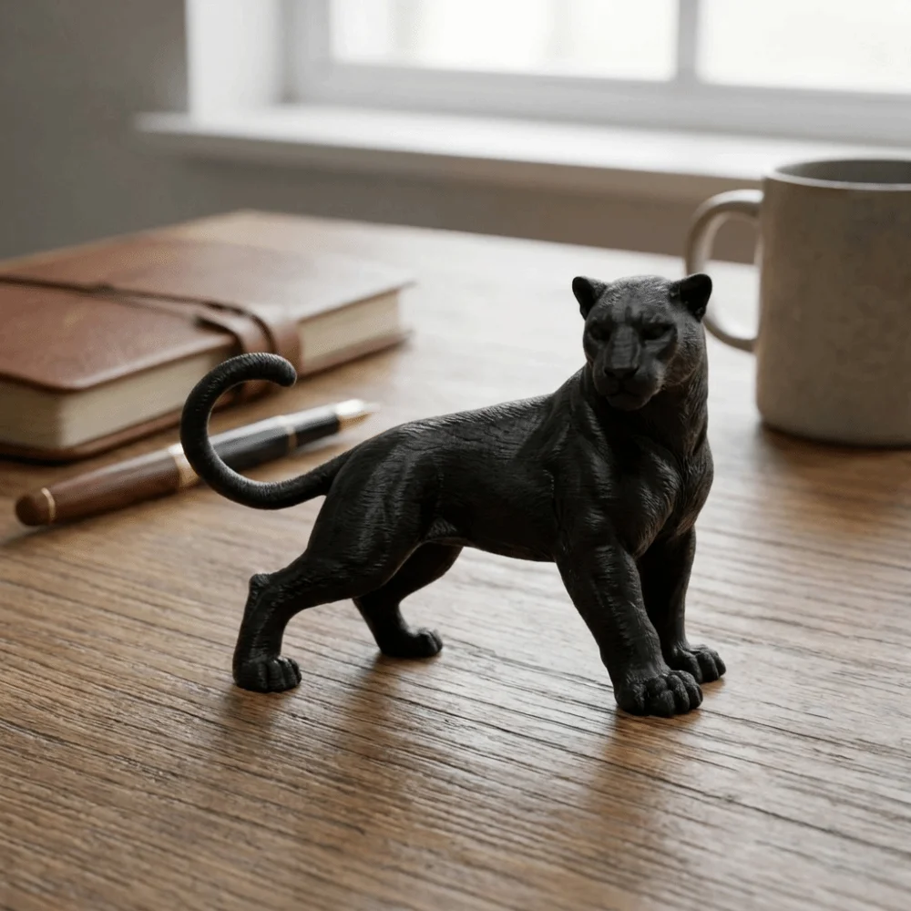 Black 3D Printing Panther Statue Standing Posture Head Turning Panther Desktop Ornament Muscular Tail Up Leopard Figure