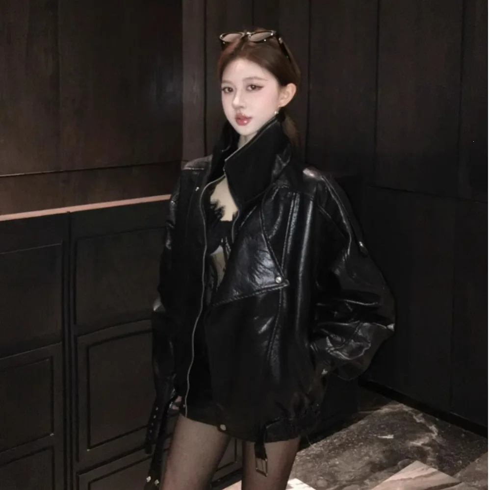 Black Retro Motorcycle Collar PU Leather Jacket Women Cool Style Spring Autumn New Style Leather Jacket Top Sportswear