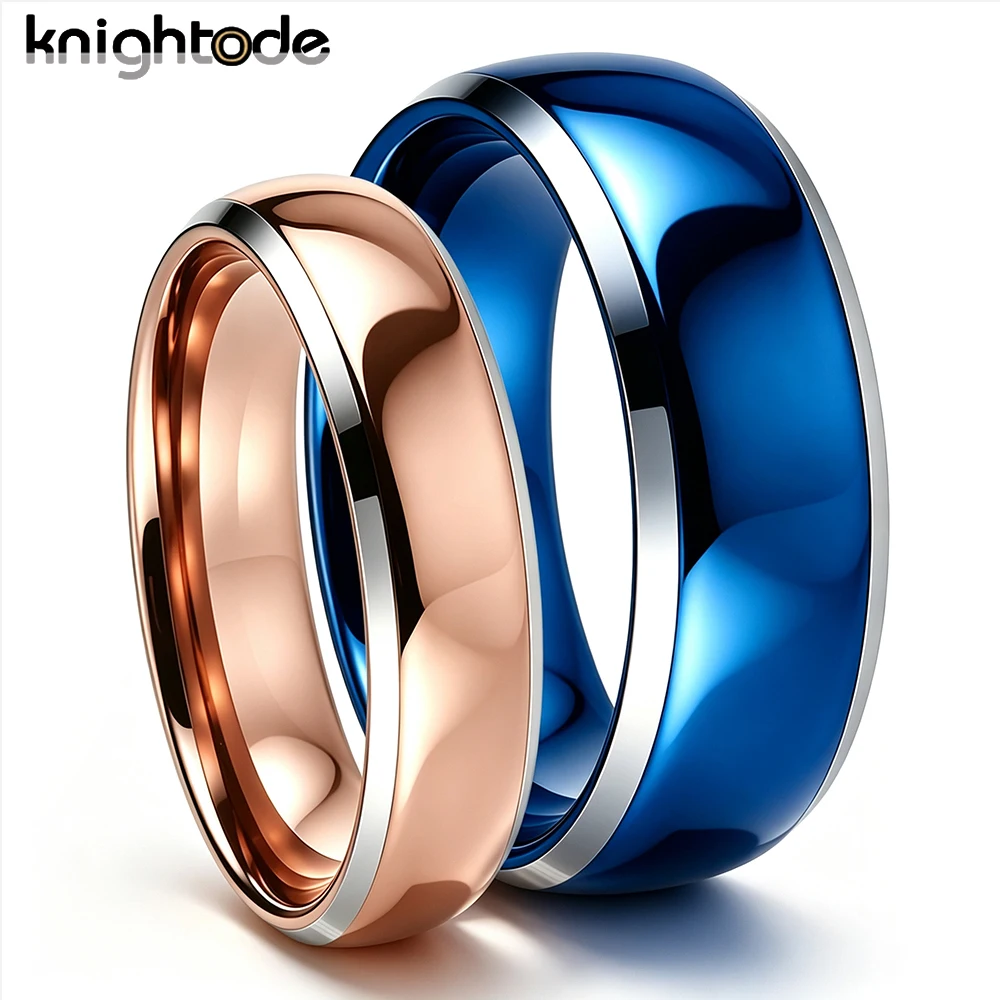 Tungsten Couple Rings Set - Rose Gold & Blue Polished Wedding Bands with Silver Bevel Edge Minimalist Jewelry for Men And Women