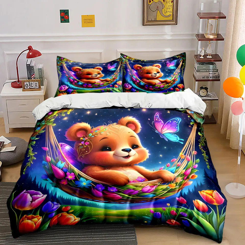 

Happy bear on floral hammock Bedding Set for Kids Luxury Gift 3pcs Digital Print Comforter Set Soft Comfortable Breathable