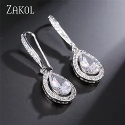 ZAKOL Fashion Water Drop Cubic Zirconia Dangle Earrings For Women Shinny Teardrop Crystal Hook Ear Bridal Wedding Jewelry