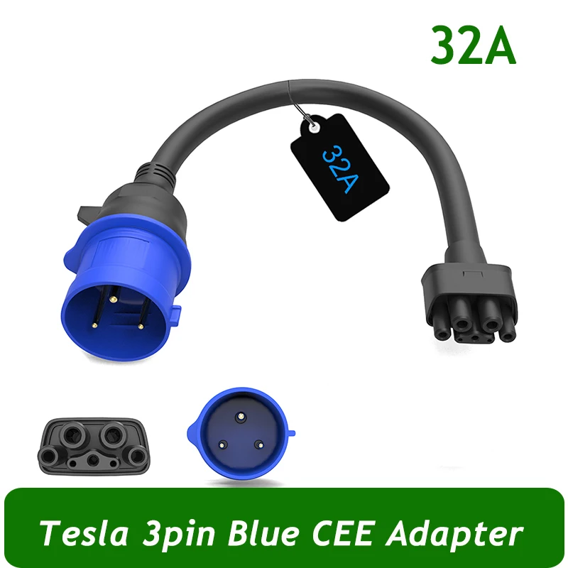 Tesla 3pin Blue CEE Adapter 32A Gen 2 EV Charging Cable Extension for Tesla Model S/3/X/Y, 240V Outlet 32A 10inch