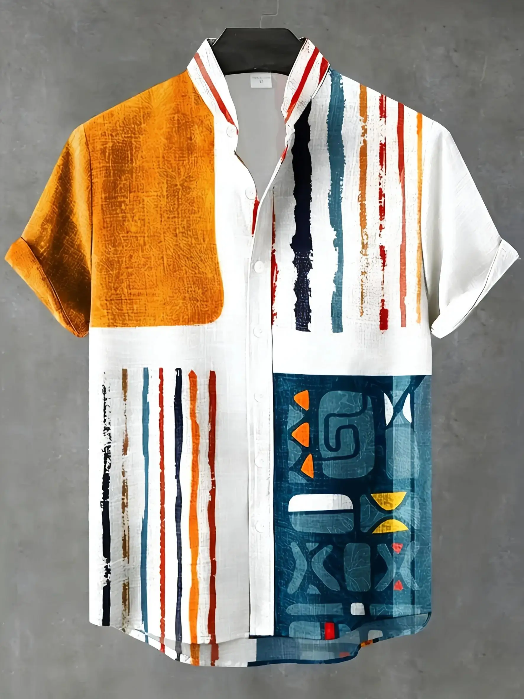 Men Hawaiian Short Sleeve Shirt Mondrian Geometric Color‑Block Camp Collar Vacation Tops