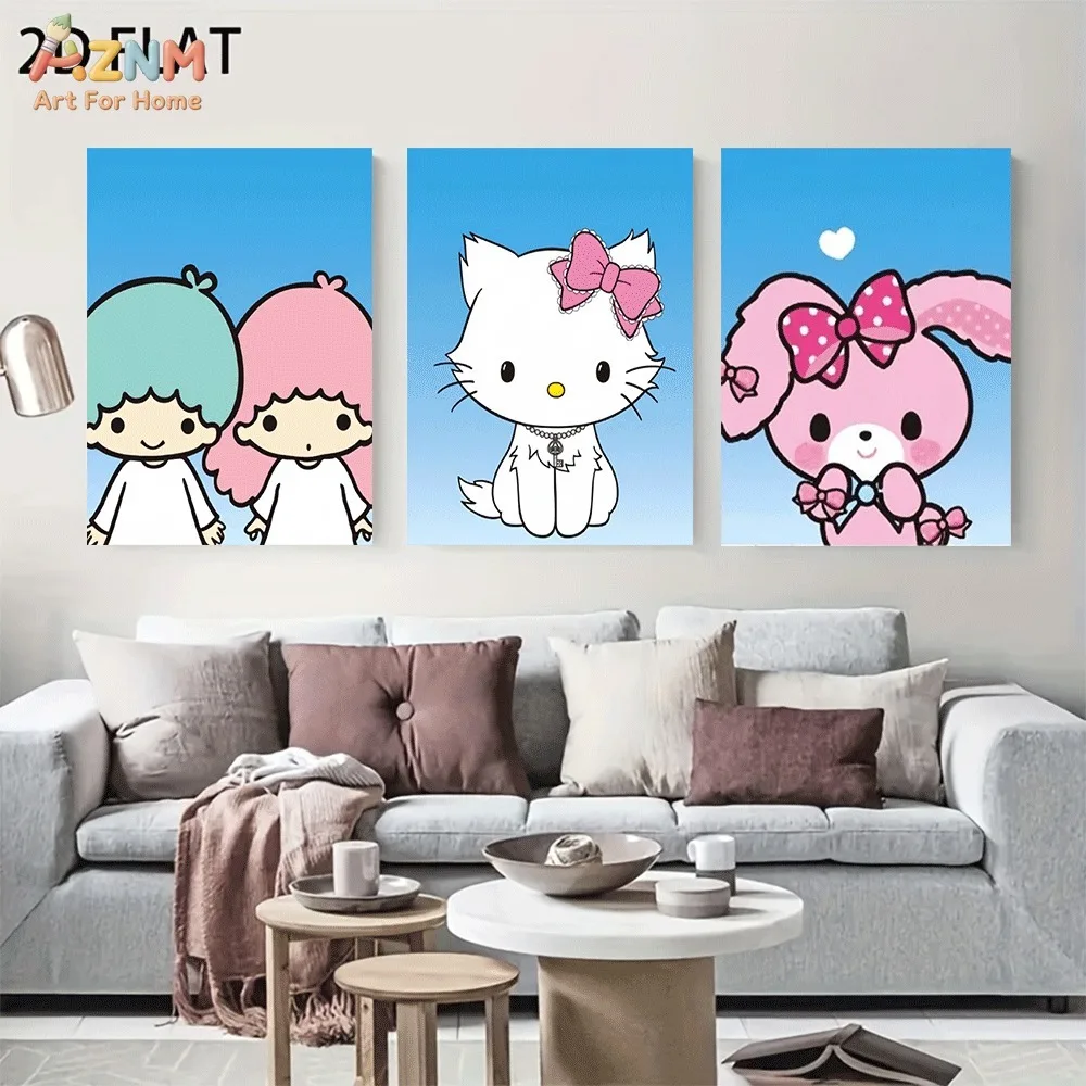 `Little Twin Stars Charmmy Kitty Bonbonribbon Canvas Wall Art 3pcs Set, Blue Sky Cute Cartoon Poster, Kawaii Simple Canvas Print
