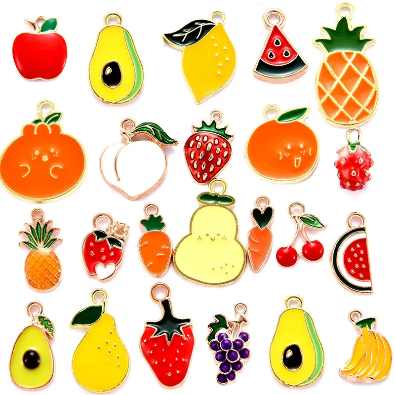 10pcs 23 Styles Alloy Metal Enamel Pear Banana Watermelon Apple Charms Fruit Pendant For DIY Bracelet Necklace Jewelry Making