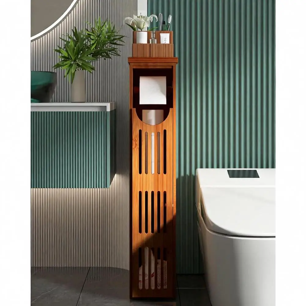 

Bamboo Toilet Paper Holder, Storage Cabinet, Small Bathroom, Slim Storage, 33x7.3x6.5 Inches, Brown