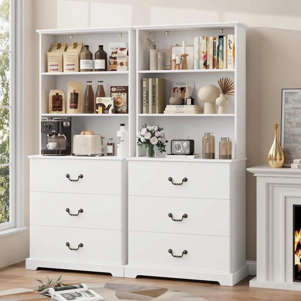 رف كتب واسع باللون الأبيض 31.5 مع 3 أدراج كبيرة و3 أرفف مفتوحة، حل تخزين متعدد الاستخدامات للمكتب المنزلي أو غرفة المعيشة