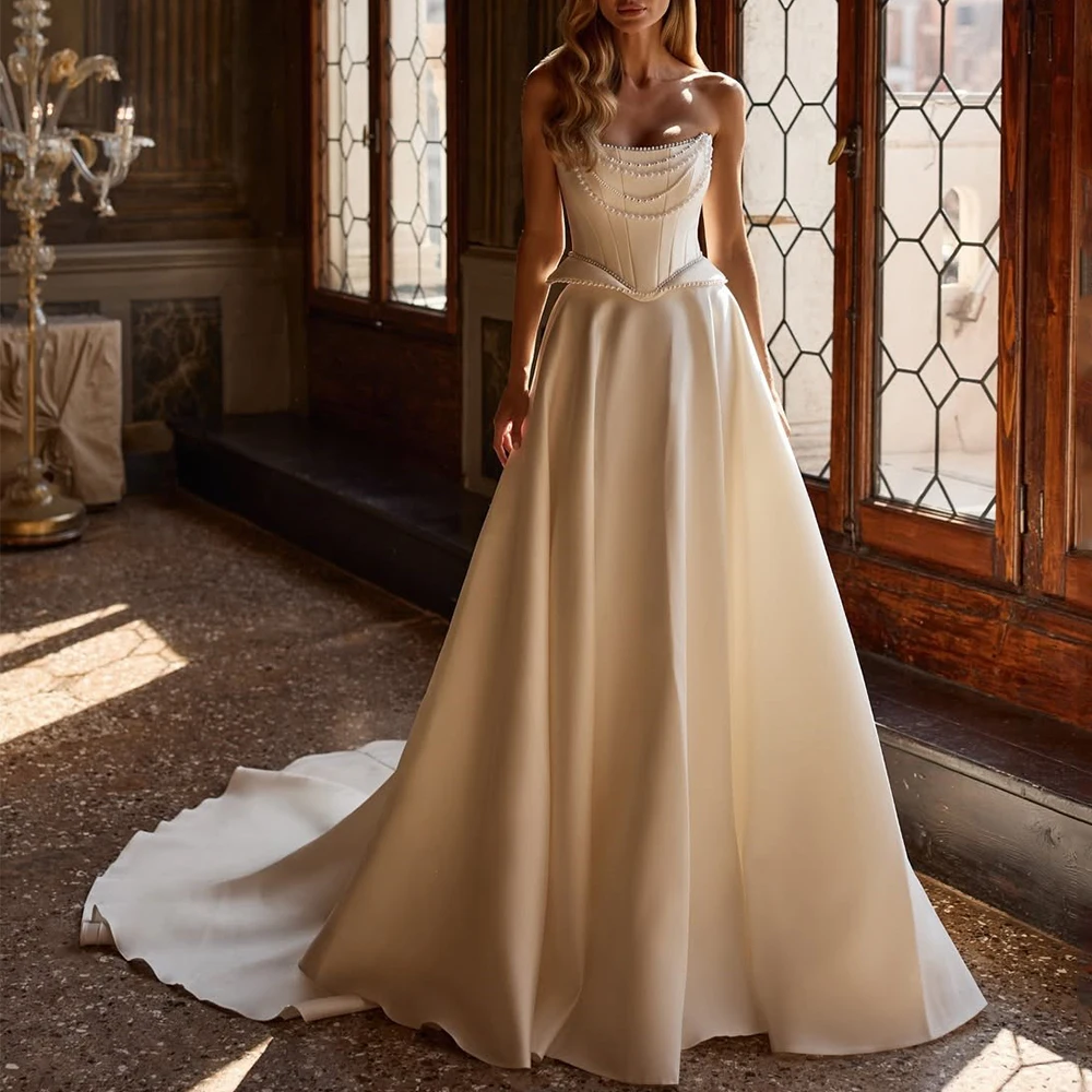 Gorgeous High Quality Wedding Dress Strapless A-Line Floor Length with Pearls Bride Satin Sweep Train Lace Up Customized Gown