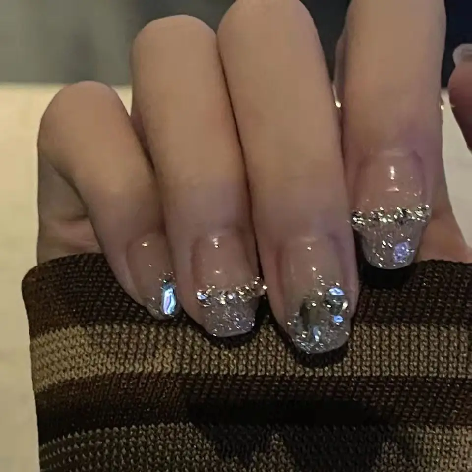 

10 шт. Накладные ногти ручной работы для весны/лета, свадебные, с блестками и стразами, самоклеящиеся, с дизайном