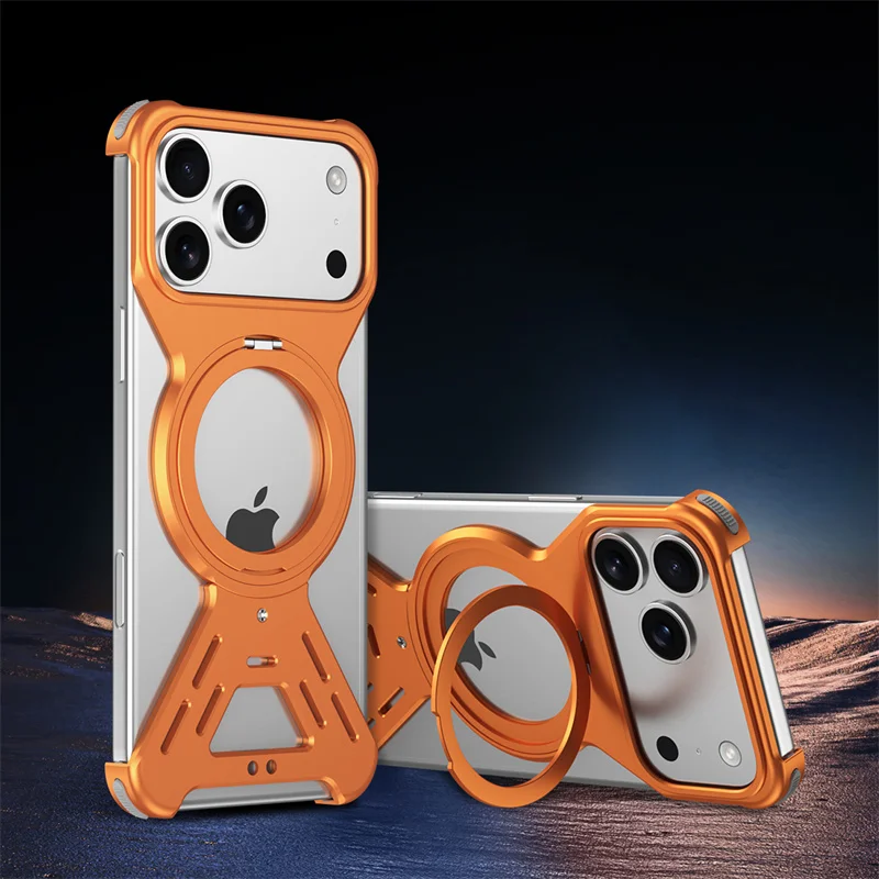 

Magnetic Stand Metal Phone Case For iPhone 16 15 17 Pro Max Bumper 360° Rotation Holder Hollow Luxury Aluminum Alloy Phone Cover