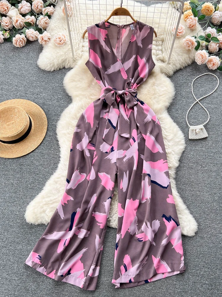 Ewq Elegante Stijl Chique Jumpsuit Vrouwen V-Hals Hoge Taille Contrast Kleur Print Wijde Pijpen Jumpsuits Winter Lente 2024 Nieuwe 27sn5367