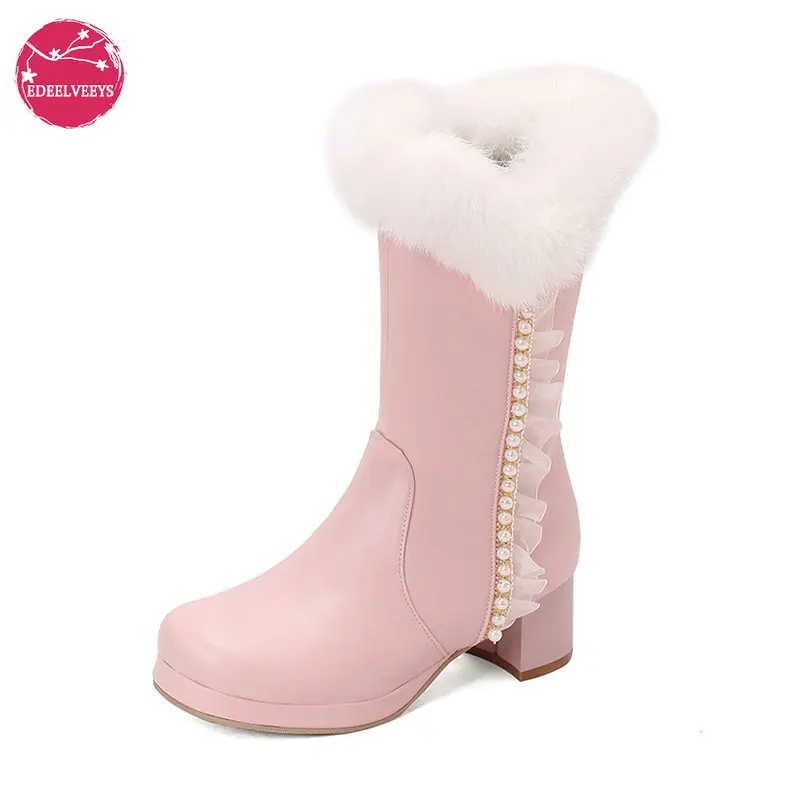 

Women's Mid-Calf Boots with Faux Fur Trim, Side Zipper, Chunky Heel Platform for Winter Snow, Punk Goth Style Plus Size Shoes