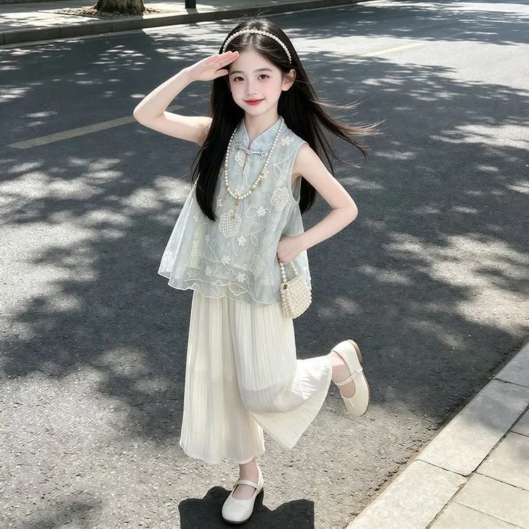 Girls Niche Chinese Style Wide Leg Skirt Pants Sleeveless Set Kids Summer Fairy Pants