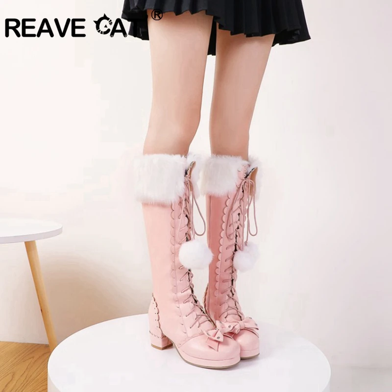 REAVECAT Lolita High Boots Fur Neck Girls Cosplay Party Princess Shoes Lace Up Bowtie Chunky Heel Side PU