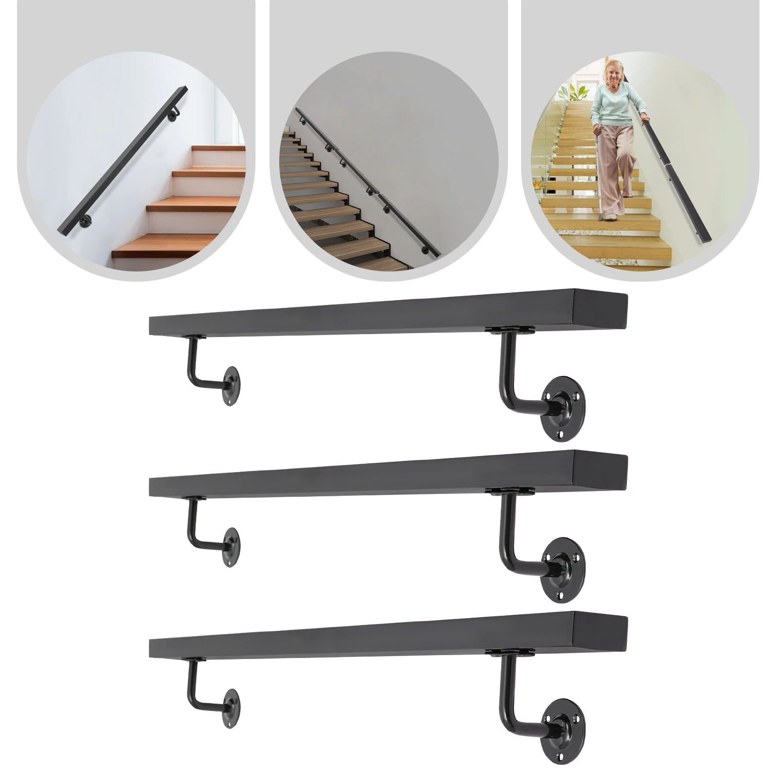 Wall‑Mounted Metal Balusters Black Stainless Steel Stair Handrail Kit Handrail 3 Pieces Require Assembly 200LBS Weight Capacity