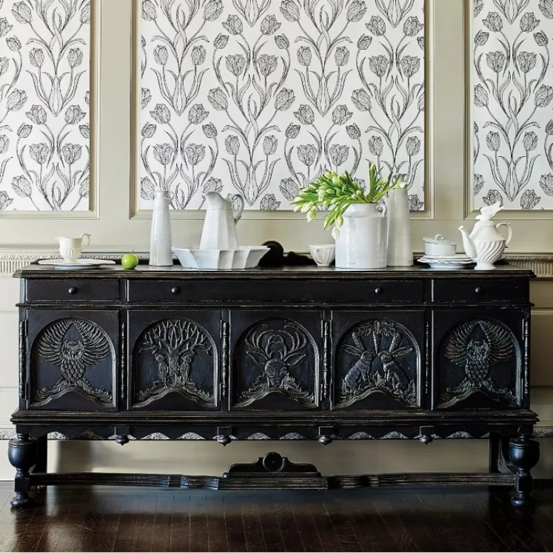 

American country solid wood carving flower personalized TV cabinet French retro hand-carved side cabinet entrance cabinet