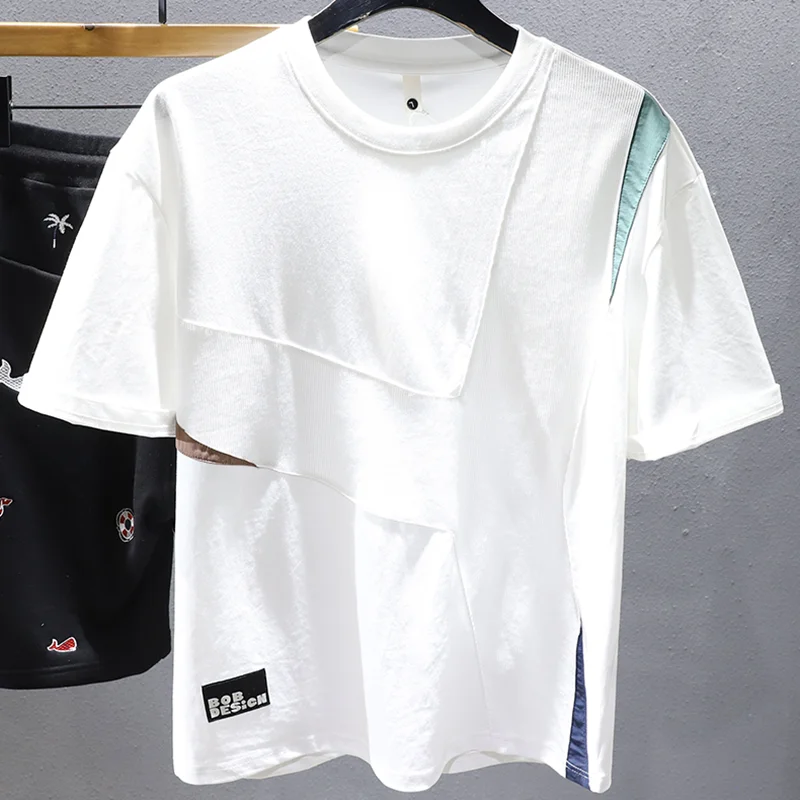 Summer Spliced Hit Color Short Sleeve Men O Neck T Shirts Fashion Hip Hop Casual 2xl Oversized Clothing Black White Daily Wear