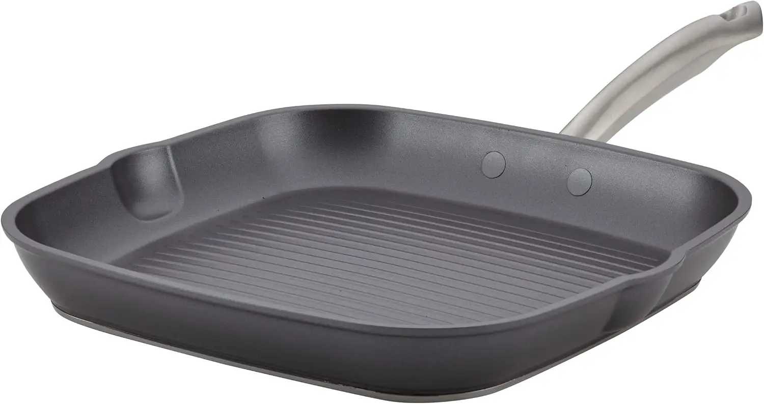 11 Inch Square Grill Pan and Griddle, Forged Hard Anodized Nonstick with Pour Spouts, Moonstone Gray