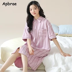 Women Cardigan Nightgowns Leisure Woman Sleepshirt Short Sleeves Lapel Pajama Dress Kawaii Girl Nightdress Female Homedress