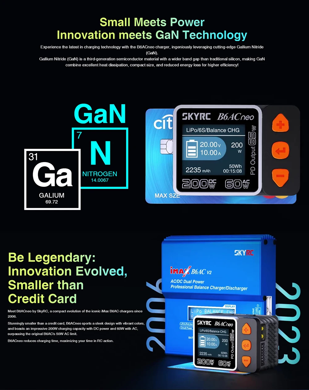 SKYRC B6ACneo Charger DC 200W AC 60W 10A Balance Charger Discharger Digital LiPo LiFe LiIon LiHV NiMH NiCd Pb Smart Battery