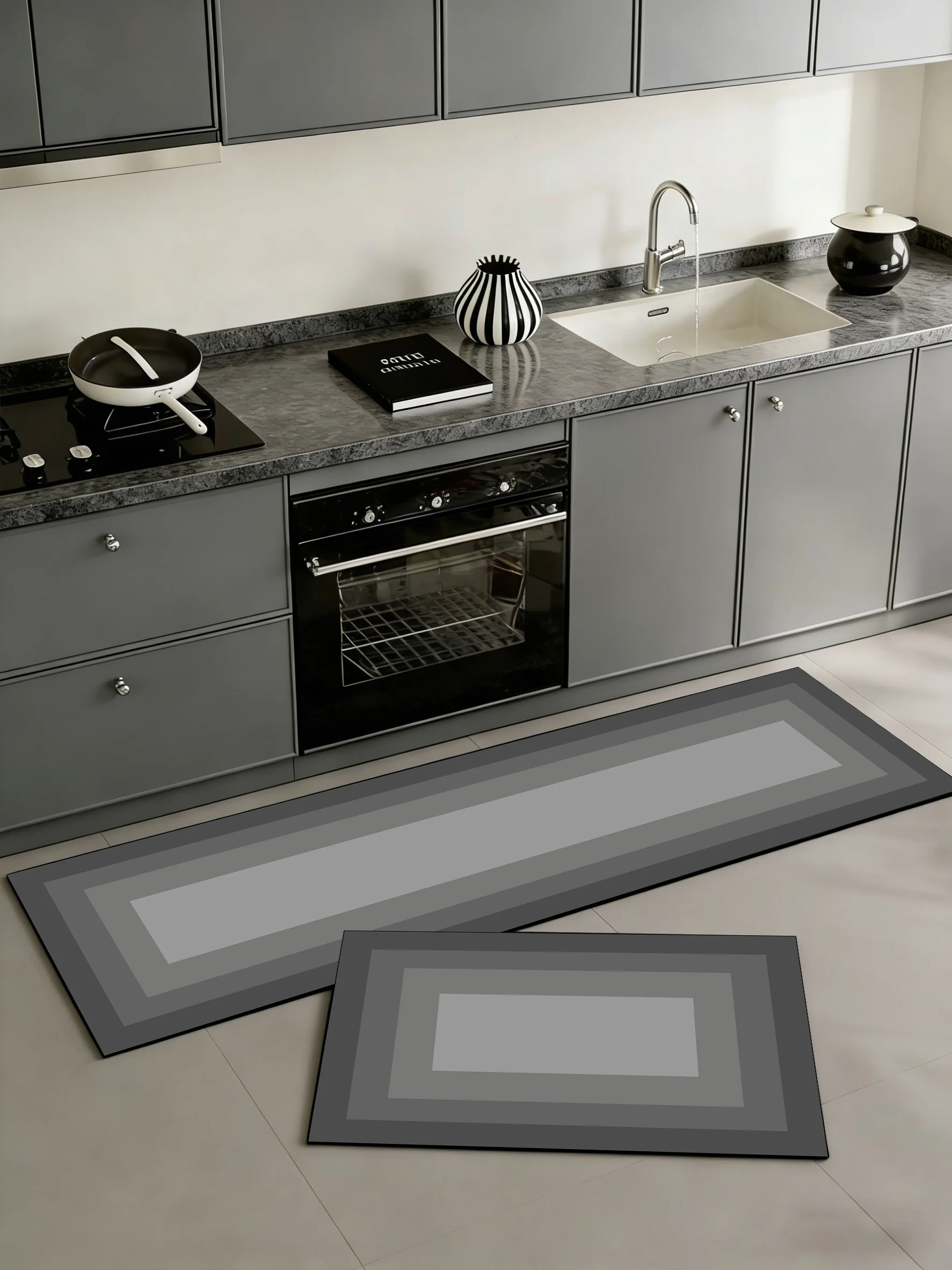 New Grey Layered Nested Rectangular Geometric Kitchen & Bath Mat, Non-Slip, Highly Absorbent, Easy to Clean.